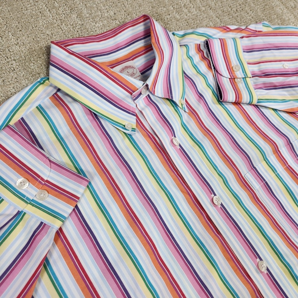 Brooks Brothers Shirt Men Large Retro Vertical Multi Stripe Button Down Supima